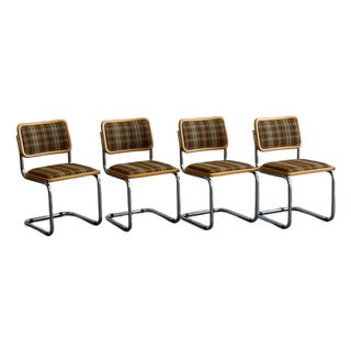 1970s Chrome & Plaid "Cesca" Style Cantilever Chairs - Set of 4 For Sale