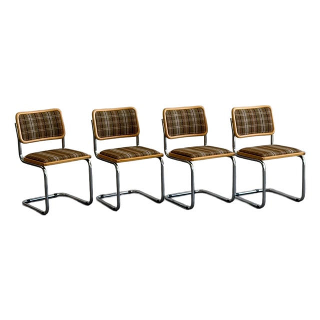 1970s Chrome & Plaid "Cesca" Style Cantilever Chairs - Set of 4 For Sale