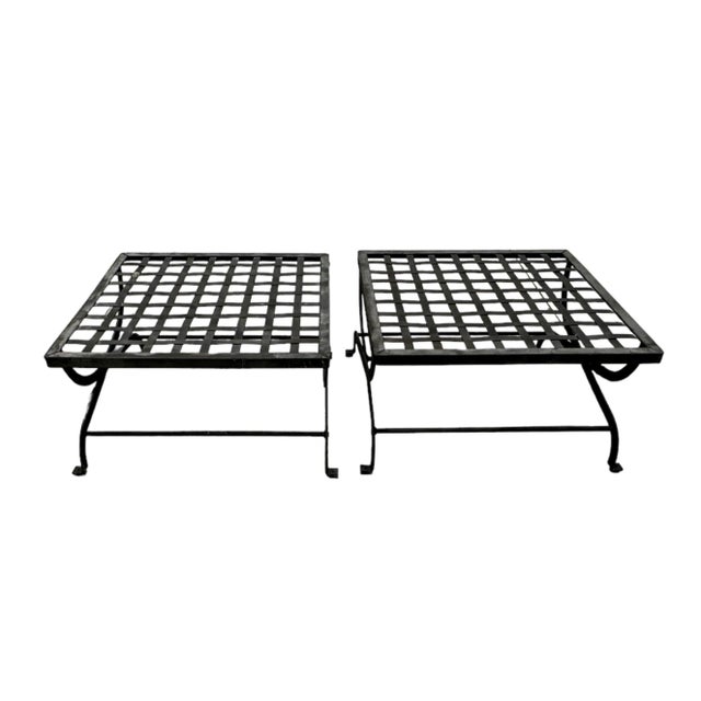 Pair Iron Lattice Top Curule Style Ottomans For Sale In Miami - Image 6 of 9