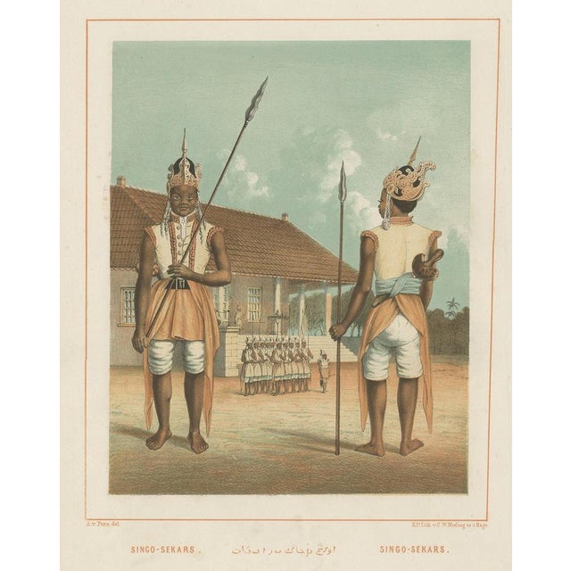 Antique print titled 'Singo-Sekars - Singo-Sekars'. Colored lithograph of Javanese guards dressed in ornamental costume....
