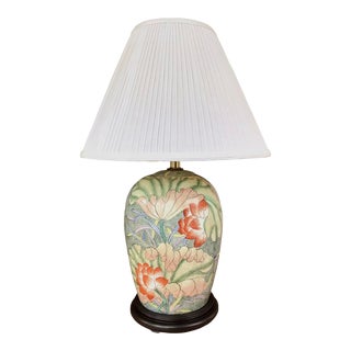 Vintage Chinese Hand-Painted Lotus Melon Jar Table Lamp With Wood Base & White Lamp Shade For Sale