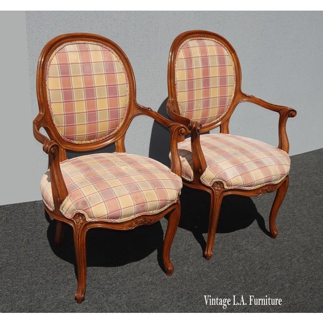 French Pair of Vintage Karges French Style Plaid Side Chairs For Sale - Image 3 of 11