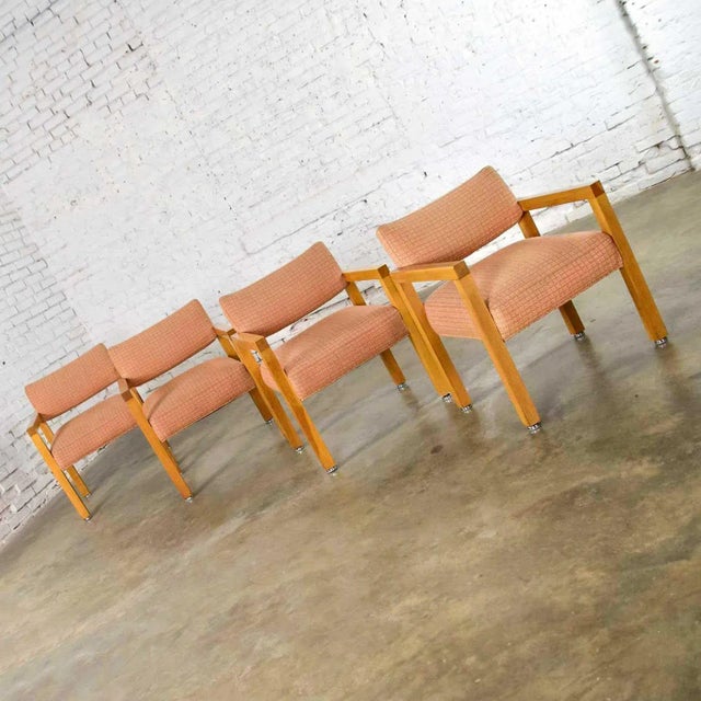 Modern Modern Armchairs Square Frame Oak With Original Blush Textured Fabric, Set of Four For Sale - Image 3 of 13