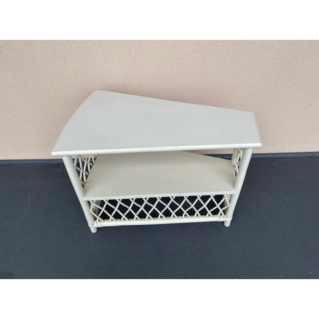 1950’s Henry Olko for Willow & Reed White Lattice Rattan Triangular Corner Table For Sale - Image 13 of 13