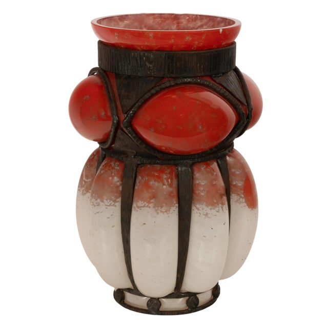 1920s Antique French Art Deco Glass & Iron Vase Charles Schneider Edgar Brandt 1920 For Sale - Image 5 of 9