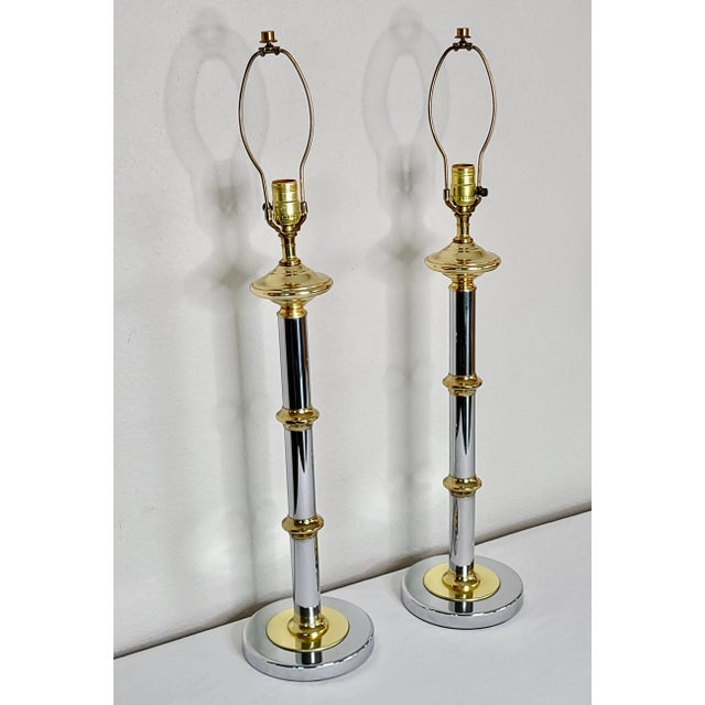 1970s Mastercraft Chrome and Lacquered Brass Table Lamps - a Pair For Sale - Image 5 of 13