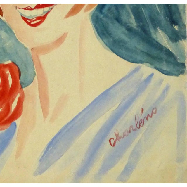 Exuberant gouache portrait of a smiling auburn haired female by French artist Carlo Charle?no, circa 1930. Signed lower...