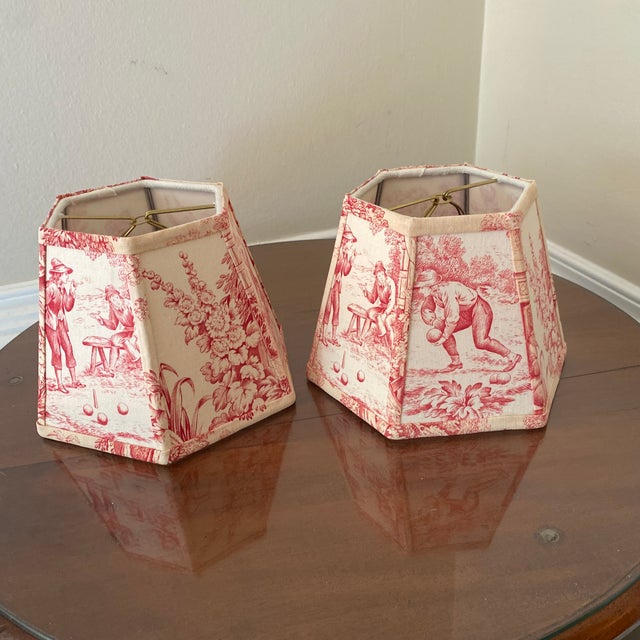 Late 20th Century French Toile Sconces Lamp Shades ~ a Pair For Sale - Image 4 of 12