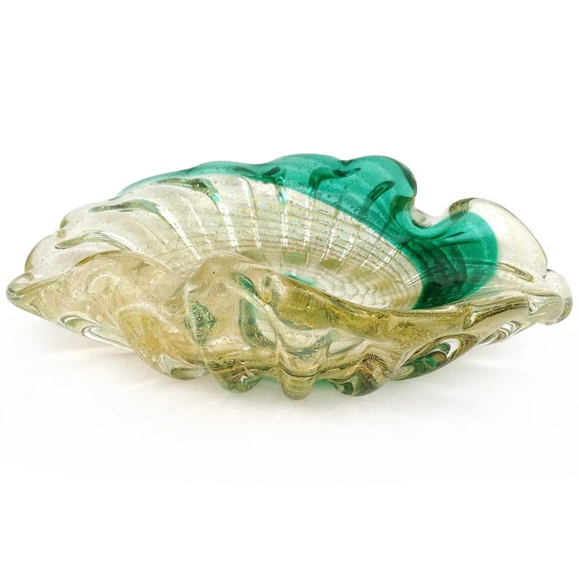 Mid-Century Modern Vintage Murano Gold Flecks Emerald Green Swirl Paint Stroke Italian Art Glass Ribbed Bowl Dish For Sale - Image 3 of 4