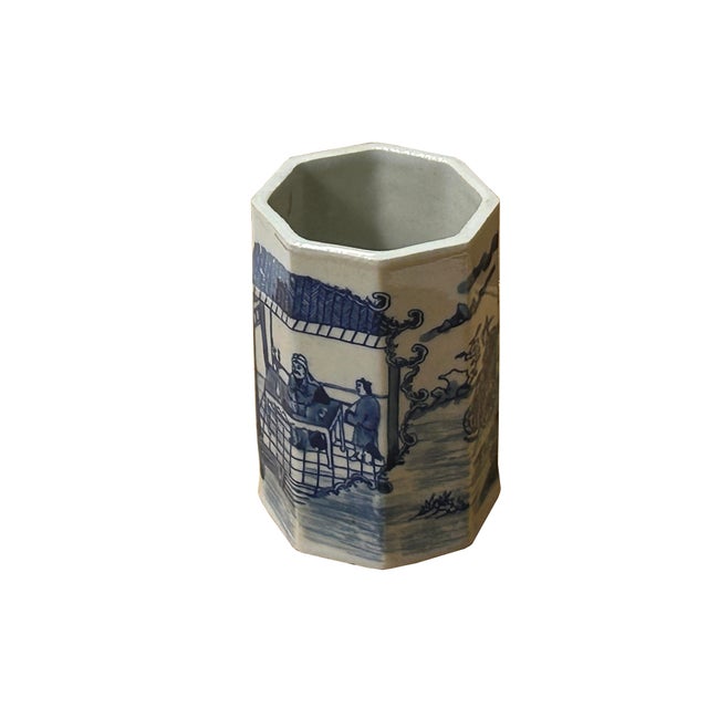 4" Small Octagonal Blue White Scenery Graphic Porcelain Art Vase For Sale - Image 9 of 16