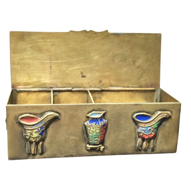 Early 20th-Century Chinese Brass Box With Applied Cloisonné Medallions (4.375"), Marked “China” For Sale - Image 10 of 14