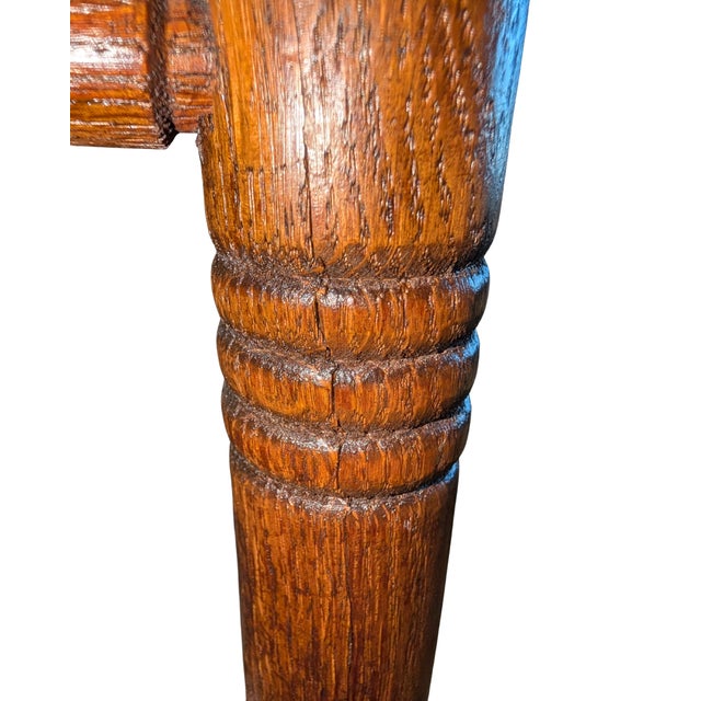 Farmhouse Early 20th Century Oak Spindle Back Side Chair With Embossed Heraldic Medallion Seat For Sale - Image 3 of 17