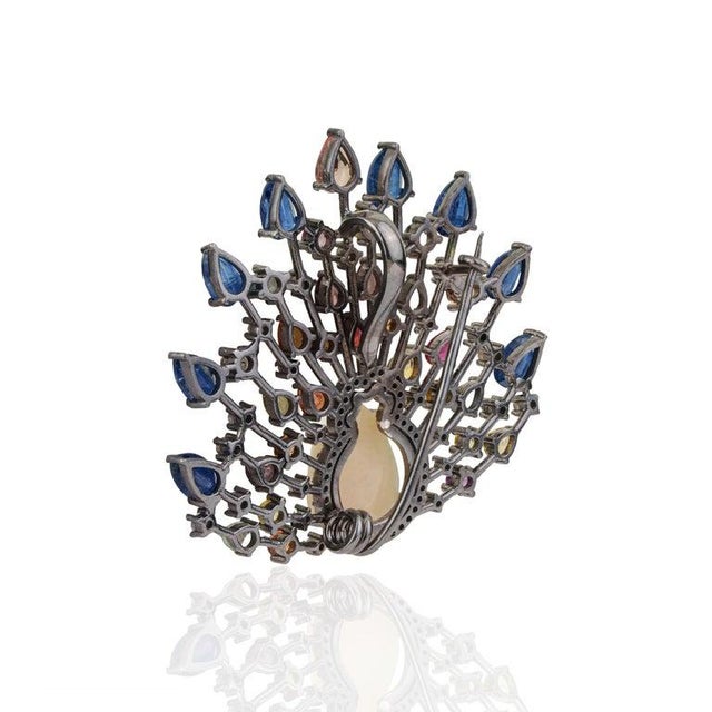 White Celestial Fan Brooch Pendant With Opal, Sapphires & Diamonds For Sale - Image 8 of 12