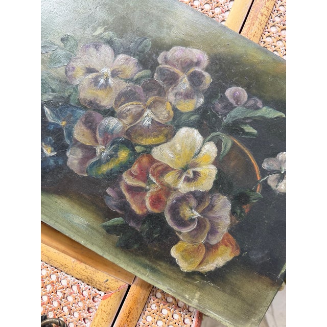 Army Green Antique Floral Oil on Board For Sale - Image 8 of 8