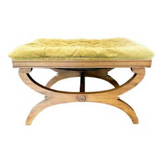 Vintage Regency-Style X-Base Bench by Gilliam Furniture, Featuring Tufted Chartreuse Velvet Upholstery For Sale