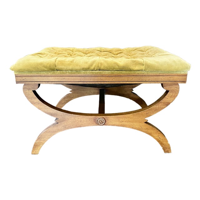 Vintage Regency-Style X-Base Bench by Gilliam Furniture, Featuring Tufted Chartreuse Velvet Upholstery For Sale