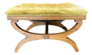 Vintage Regency-Style X-Base Bench by Gilliam Furniture, Featuring Tufted Chartreuse Velvet Upholstery
