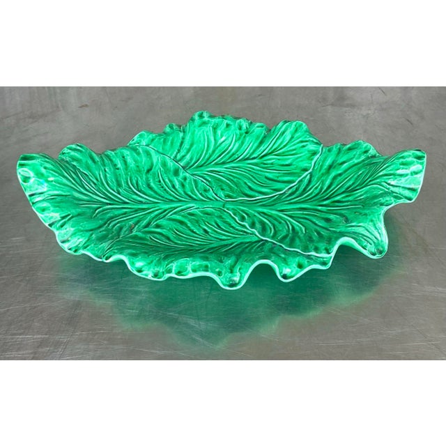 Ceramic Vintage Regency Portuguese Glazed Ceramic Cabbage Leaves Platter For Sale - Image 7 of 12