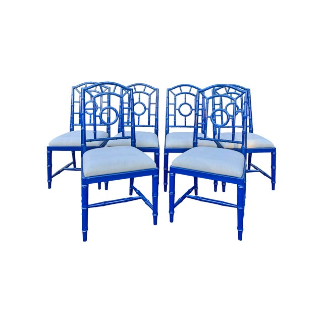 Faux Bamboo Chinoiserie Style Blue Dining Chairs in Blue Set of 8 Set of 2. Captain arm chairs and 6 armless * photos were...