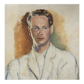 Mid 20th Century Serious Blue Eyed Young Man Portrait Painting For Sale