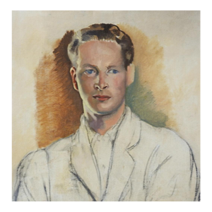 Mid 20th Century Serious Blue Eyed Young Man Portrait Painting