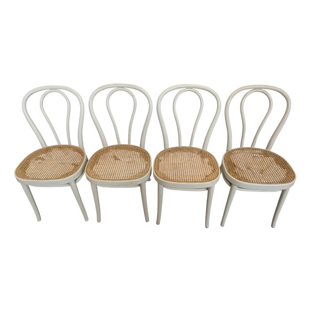 Vintage White Wood Dining Chairs with Cane Seats, 1970s, Set of 4 For Sale