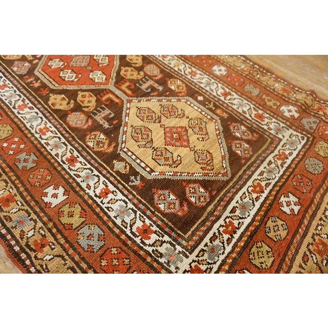 1930s Brown Geometric Tribal Antique Persian Kurdish Runner Carpet 3'10" X 13'2" Knotted Pile Rug For Sale - Image 12 of 15