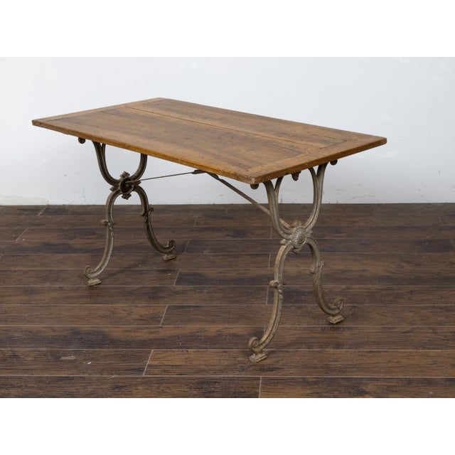 French 1900s Steel and Wood Console Table with Curving X-Form Legs and Stretcher For Sale - Image 10 of 12