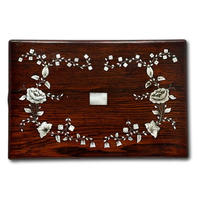 Outstanding Antique Victorian Rosewood Veneer Sewing Box With Fancy Abalone Seashell Inlay Flowers - Circa 1870s For Sale - Image 12 of 18