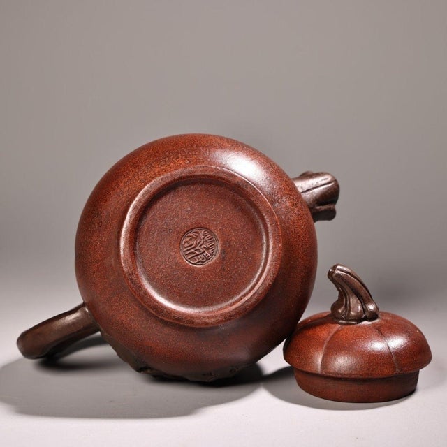 Vintage Chinese Yixing Zisha Clay Teapot - Organic Gourd Shape With Relief Vines & Fruit For Sale - Image 4 of 9