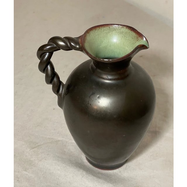 Ceramic Antique 19th Century Bronze Glazed Terracotta Pottery Swirl Handle Mini Vase Jug For Sale - Image 7 of 9