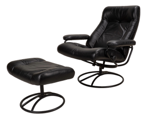 1980s Vintage Ekornes Stressless Black Leather Recliner & Ottoman Made in Norway