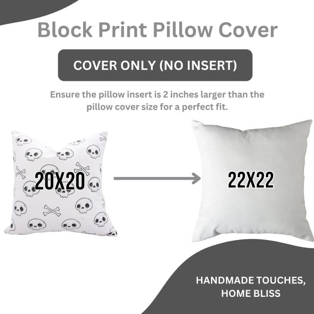 Fabdivine Spooky Skeleton Block Print Pillow Cover Handmade Halloween Cushion for Sofa, Bed & Living Room Size-18x18 For Sale - Image 6 of 6