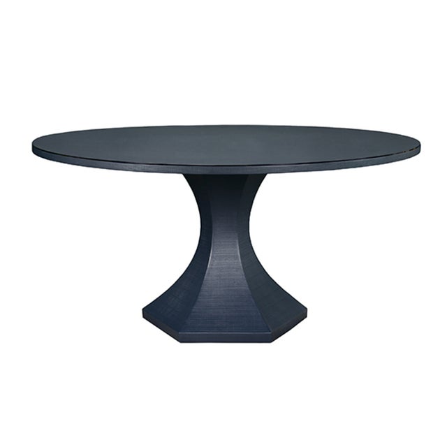 Matthew Izzo Home Bryce 60" Round Pedestal Dining Table in Textured Navy Linen With Glass Top For Sale In New York - Image 6 of 6
