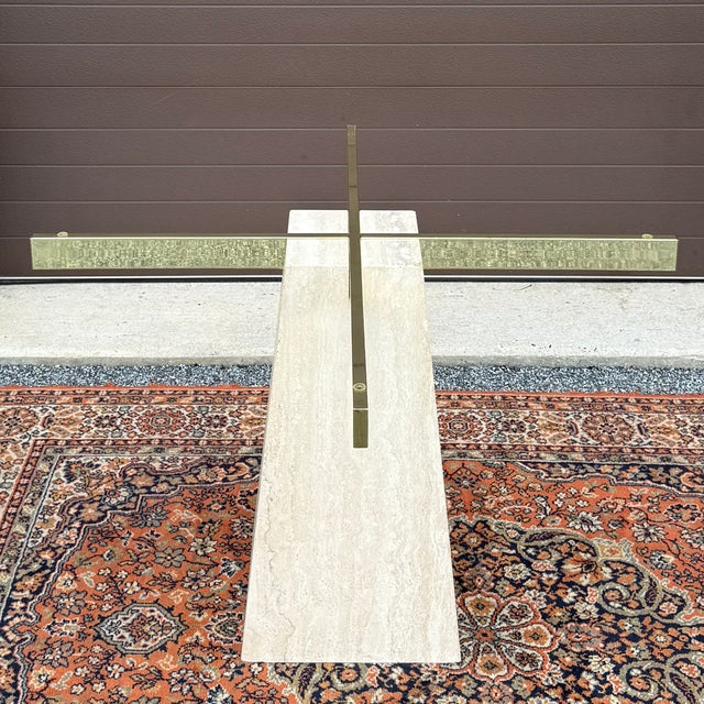Metal Vintage Pyramid Shaped Beige Travertine and Brass Dining Table Pedestal Base Attr. Artedi For Sale - Image 7 of 18