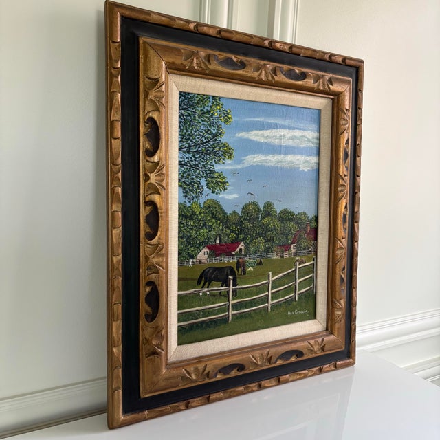 Mid 20th Century Signed American Folk Art Horse Farm Landscape Oil on Canvas Framed Painting For Sale - Image 4 of 11