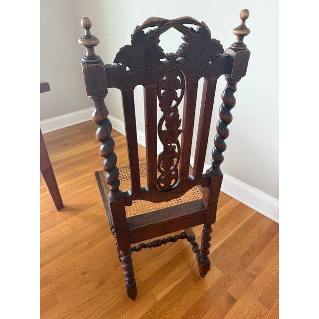 Set of Six Antique Jacobean Revival Carved Oak Barley Twist Rush Seat Dining Chairs, C. 1900 For Sale In Baltimore - Image 6 of 10