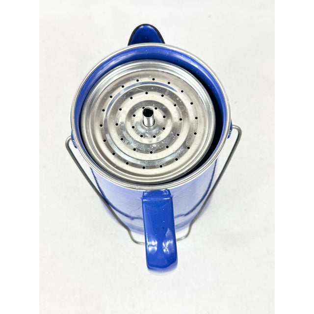 Farmhouse Vintage Blue Speckled Enamelware Coffee Percolator Pot With Bail Handle For Sale - Image 3 of 10