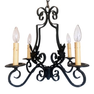 Vintage 4 Light Black Wrought Metal Acanthus Chandelier For Sale