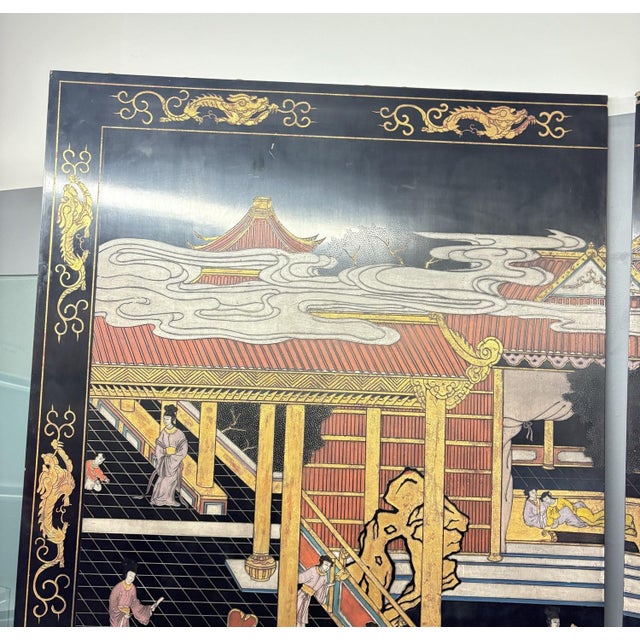 Black Extraordinary 8-Foot Maitland-Smith 3-Panel Chinoiserie Coromandel Style Lacquer Screen For Sale - Image 8 of 10