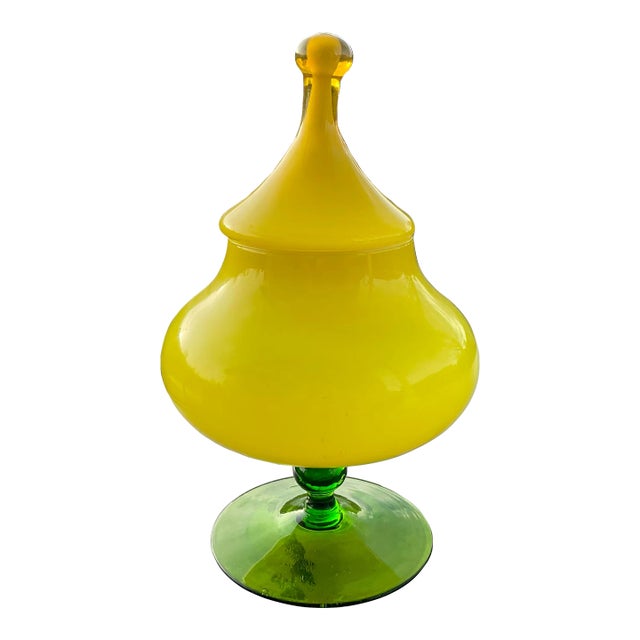 Mid Century Yellow Empoli Cased Glass Apohecary Jar With Green Pedestal For Sale