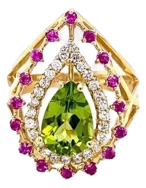 2.59 Carat Peridot Sapphire Diamond 14 Karat Yellow Gold Cocktail Ring, Size 7