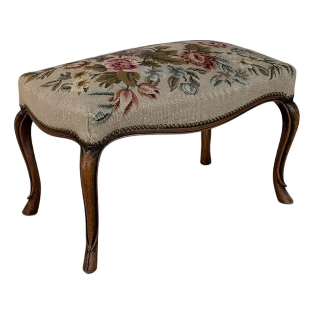 Antique Louis XV Walnut Footstool With Floral Needlepoint Upholstery For Sale