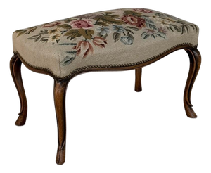 Antique Louis XV Walnut Footstool With Floral Needlepoint Upholstery