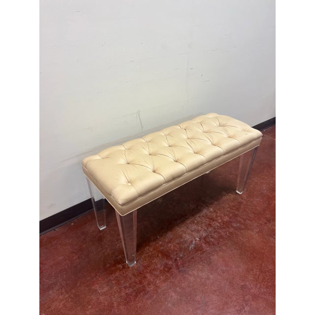 Timeless lucite bench by Jan Showers. Tufted top has some stains but lucite is in excellent condition. Recover in a fabric...