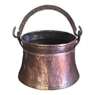 Antique Copper Hand Made Cauldron With Wrought Iron Handle For Sale