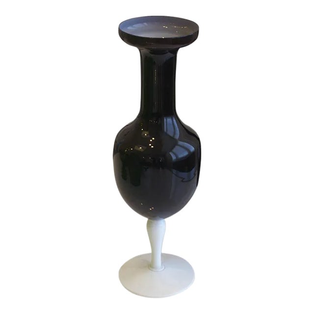 Vintage Italian Black & White Cased Glass Vase, Attributed to Empoli For Sale
