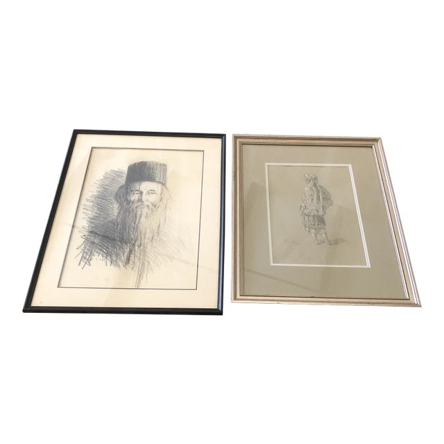 Framed Charcoal Portrait Sketches - A Pair For Sale
