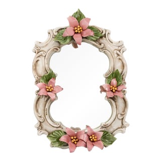 Vintage Capodimonte Italy Porcelain Floral Vanity Mirror – Pink Flowers – 14.5” For Sale