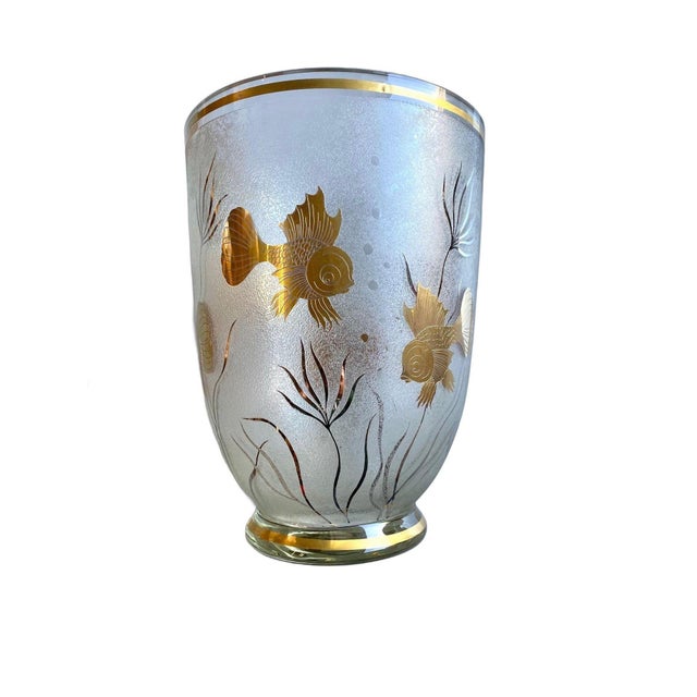 Arts & Crafts Monumental Etched Glass Vase With Gold Fish Overlay For Sale - Image 3 of 5